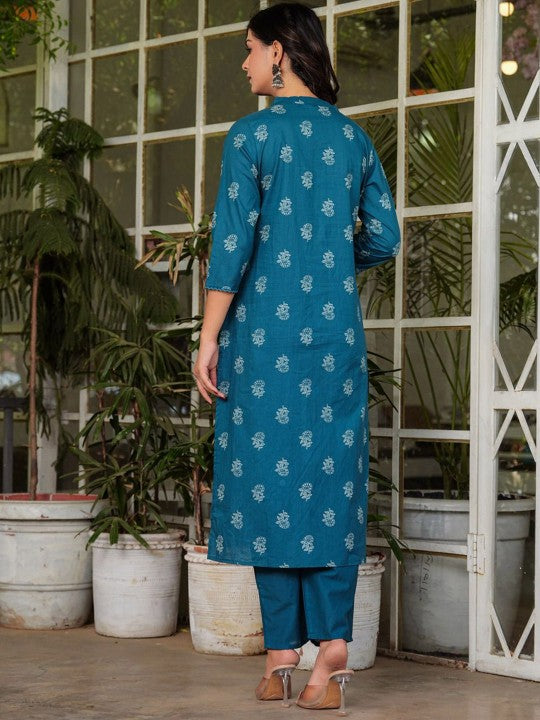 Women's Floral Printed V-Neck Cotton Straight Kurta Palazzos & With Dupatta