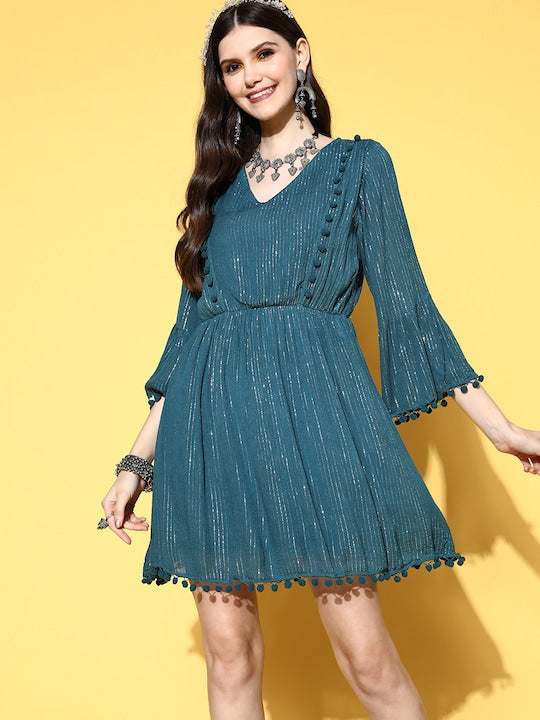 Women's Teal Lurex Dress With Lace - InWeave