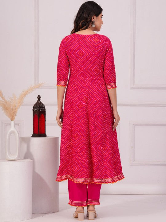 Women's Bandhani Printed Anarkali Kurta with Trousers & Dupatta - Taantav