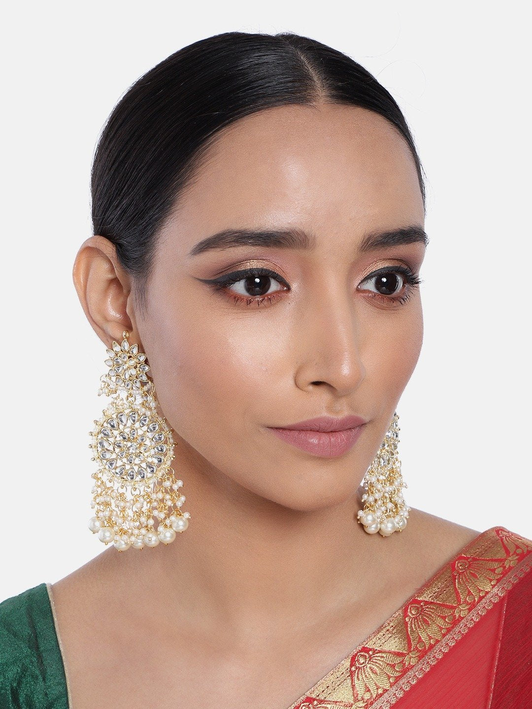 Women's  Gold Plated White Drop Earrings Glided With Kundans & Pearls