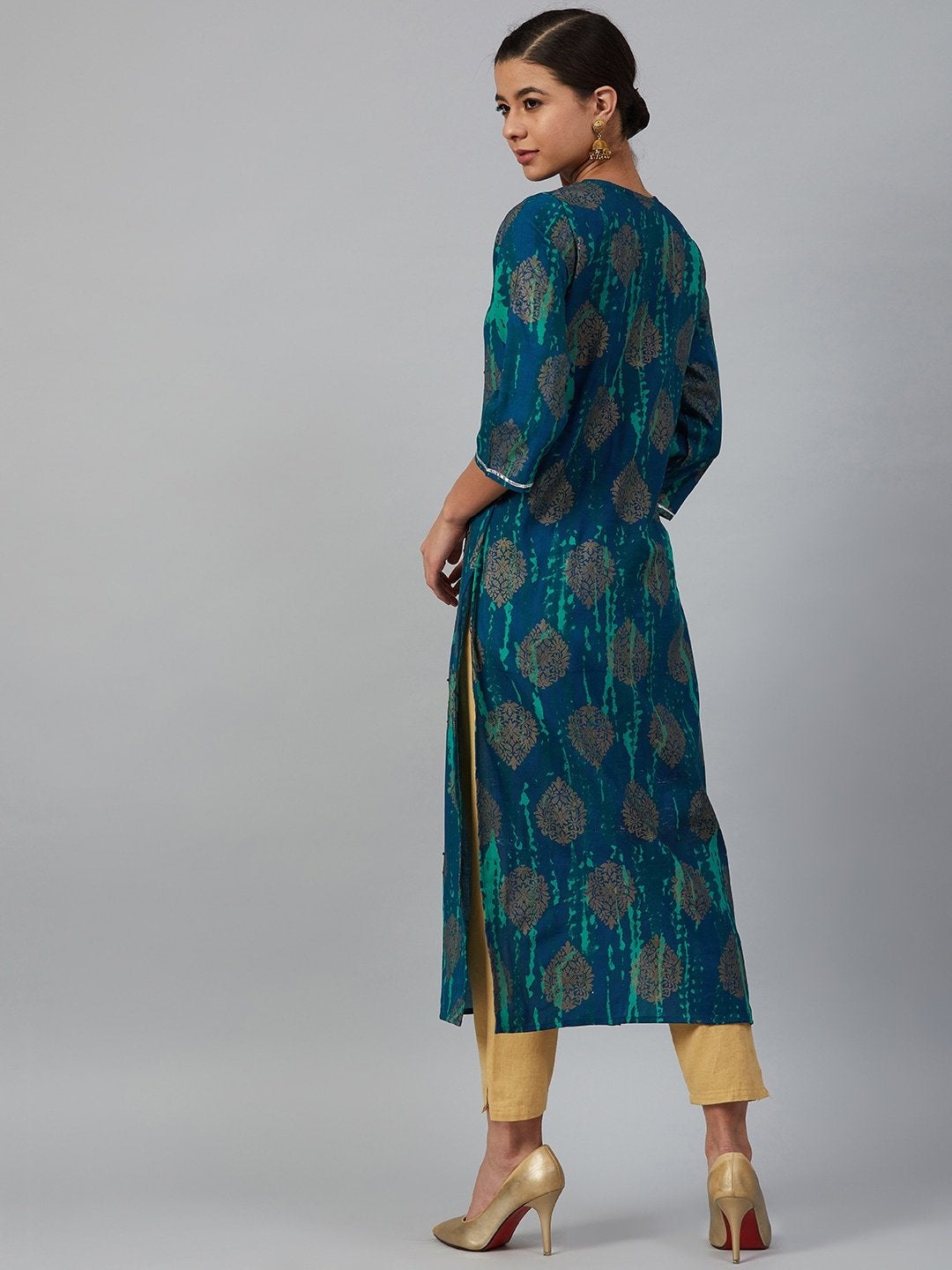 Women's Navy Blue & Green Printed Straight Kurta