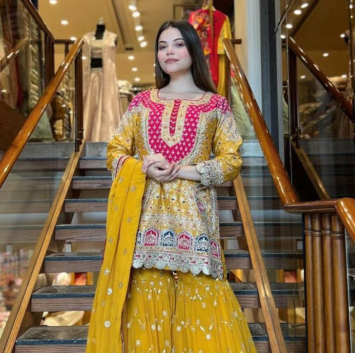 Women's Yellow Faux Georgette  5Mm Embroidery Sequence Work  Kurta Set