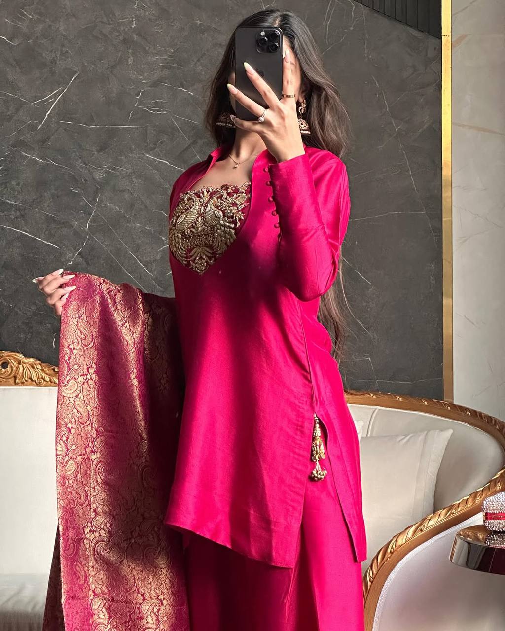 Women's Rani Pink Satin Silk  Embroidery Sequence Work  Kurta Set