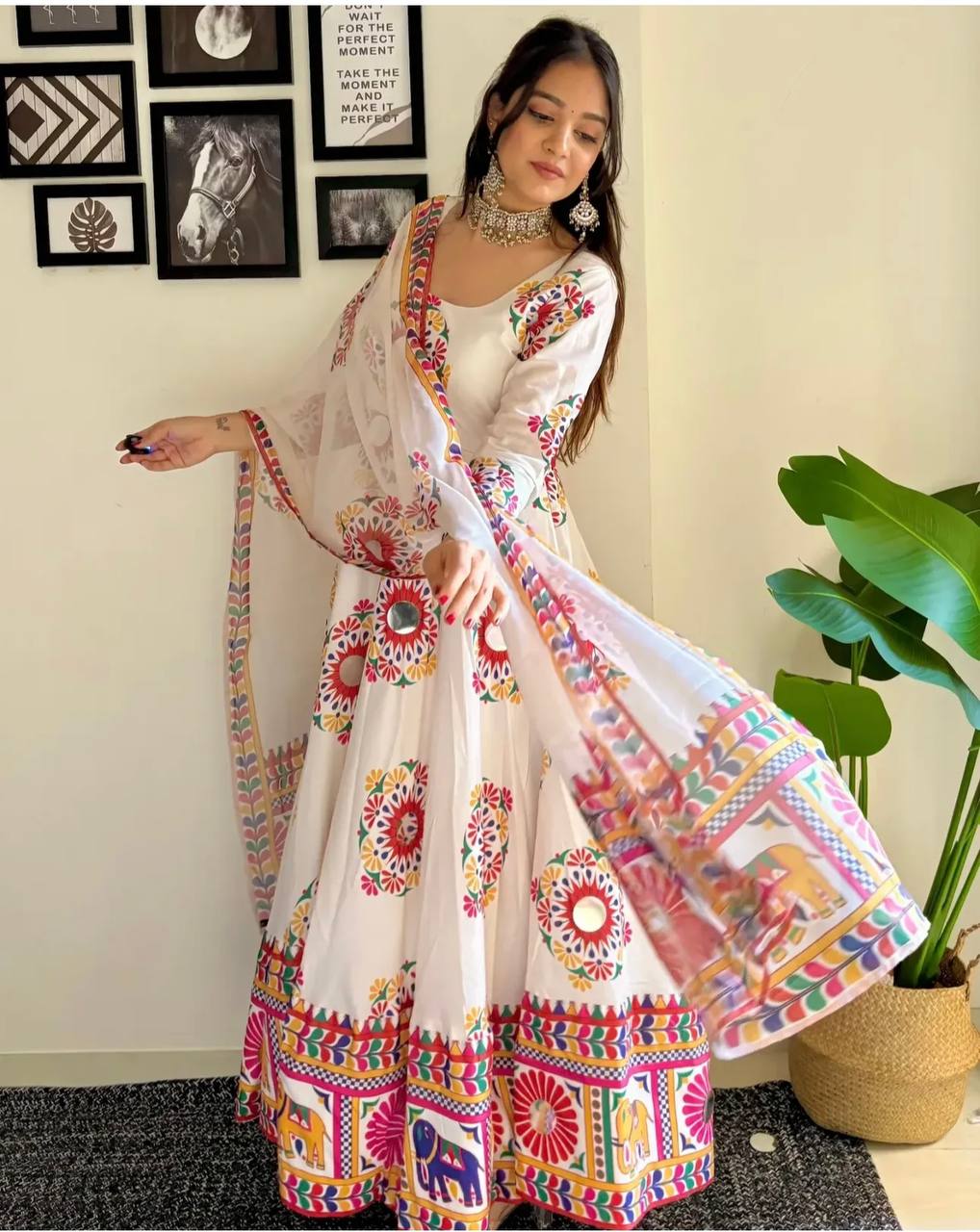 Women's White Satin Silk  Digital Print With Hand Work Mirror Work Gown