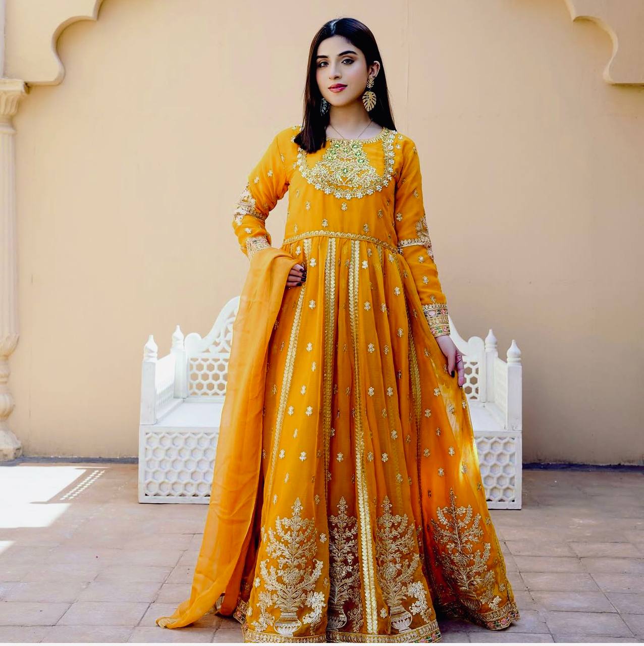 Women's Yellow Georgette  Embroidery 5Mm Sequence Work  Anarkali Set