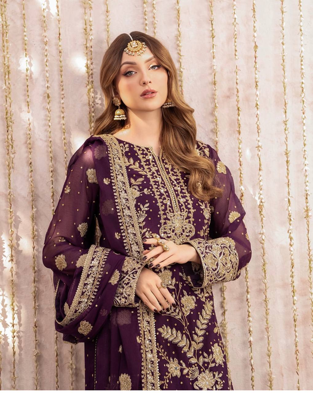 Women's Purple Faux Georgette  Embroidery 5Mm Sequence Work With Sleeves With Ravet Moti Work Kurta Set