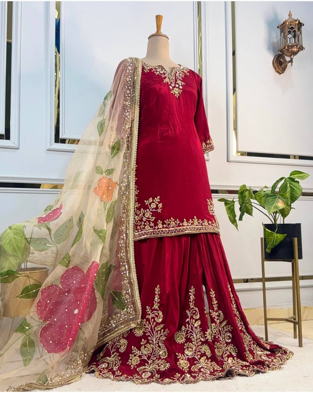 Women's Red Chinon Silk  Embroidery 5Mm Sequence Work  Kurta Set