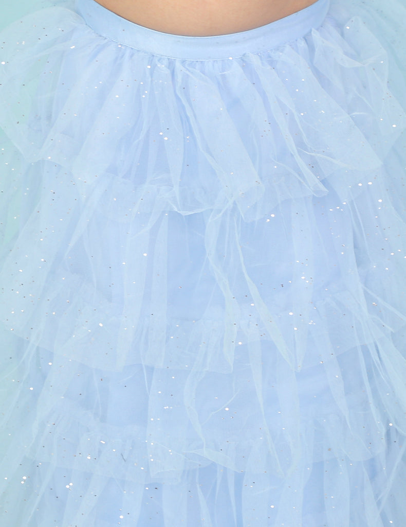Girl's Lace Top With Pearl Detailing & Mesh Glitter Layered Skirt-Blue