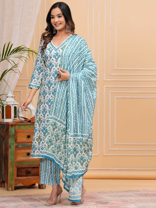 Women's Floral Printed Regular Pure Cotton Straight Kurta with Trousers & With Dupatta - Taantav