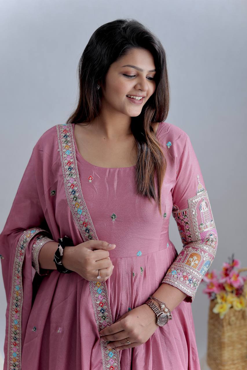 Women's Pink Chinon Silk  Embroidery Coding Dori And 3-5Mm Sequence Work  Anarkali Set