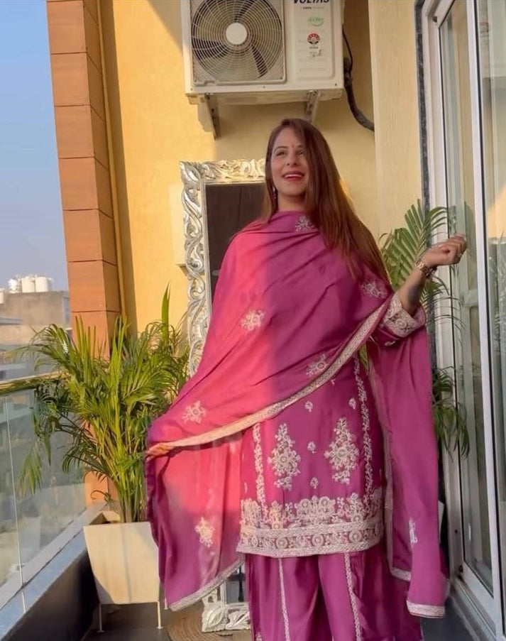 Women's Pink Chinnon Silk  Embroidery Coding Sequence Work Kurta Set