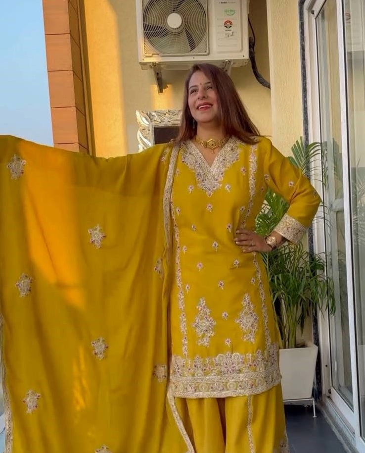 Women's Yellow Chinnon Silk  Embroidery Coding Sequence Work Kurta Set