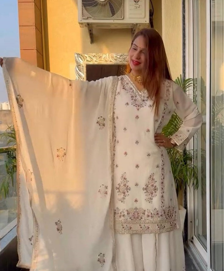Women's White Chinnon Silk  Embroidery Coding Sequence Work Kurta Set