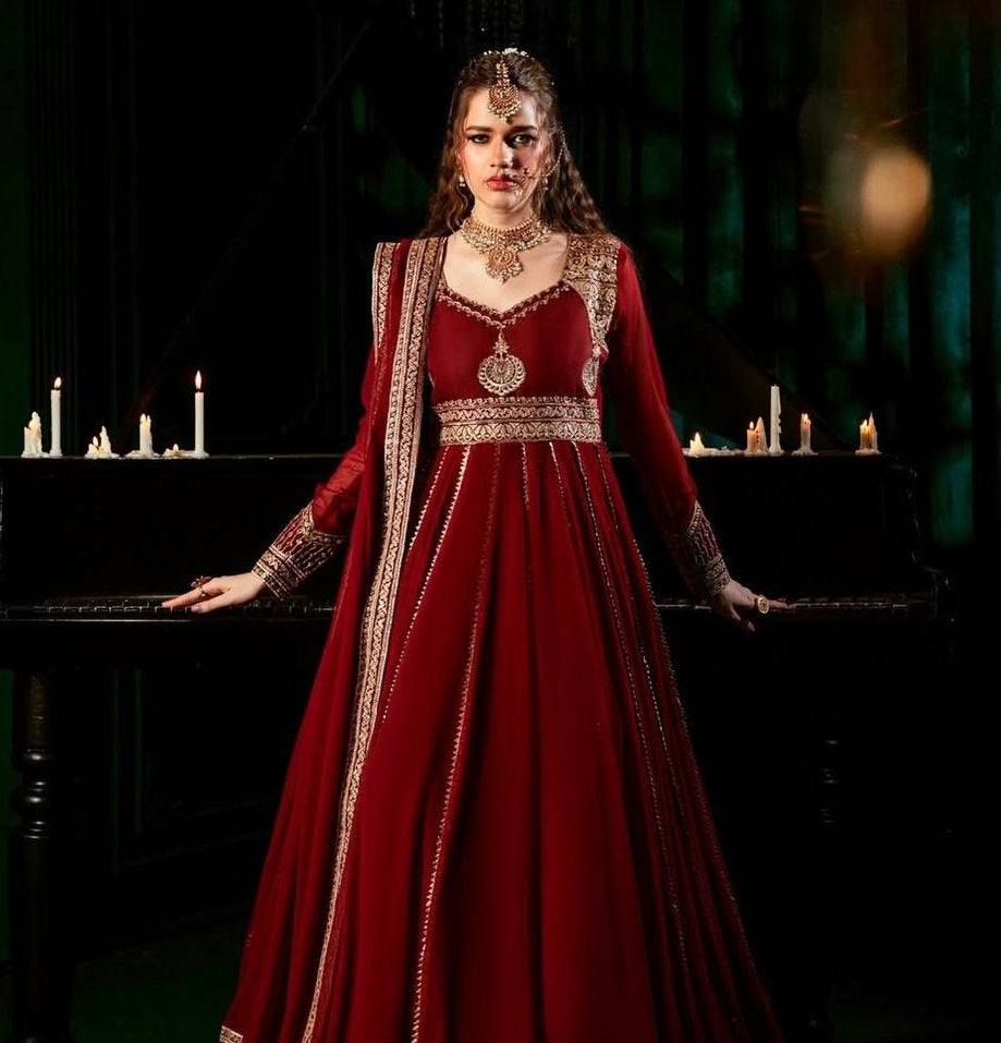 Women's Maroon Faux Georgette  Embroidery 5Mm Sequence Work  Anarkali Set