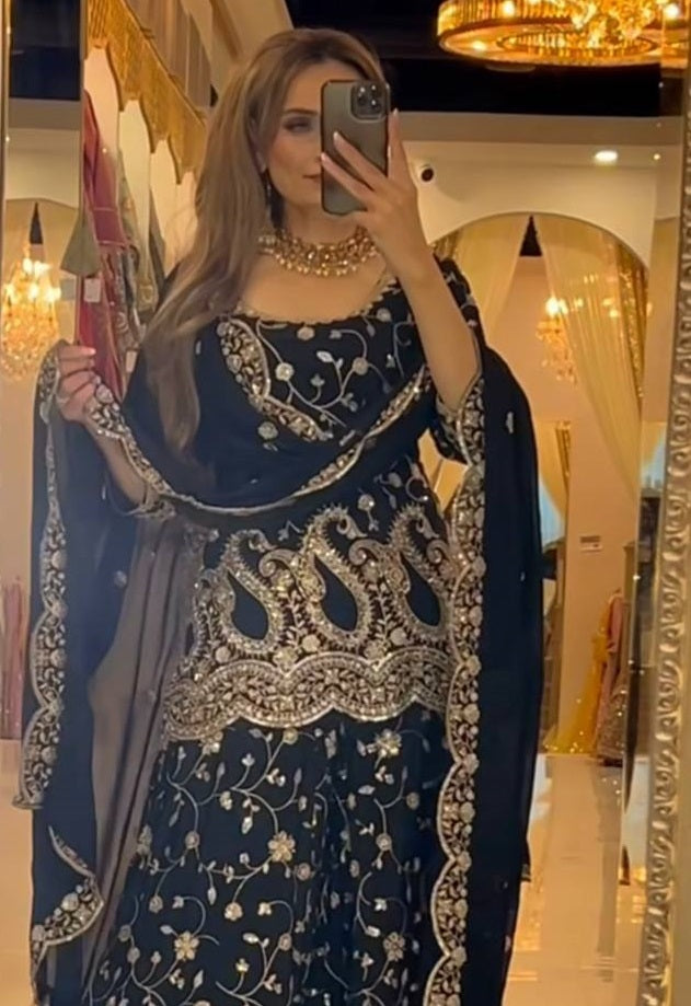 Women's Black Chinnon Silk  Embroidery Sequence Work Kurta Set