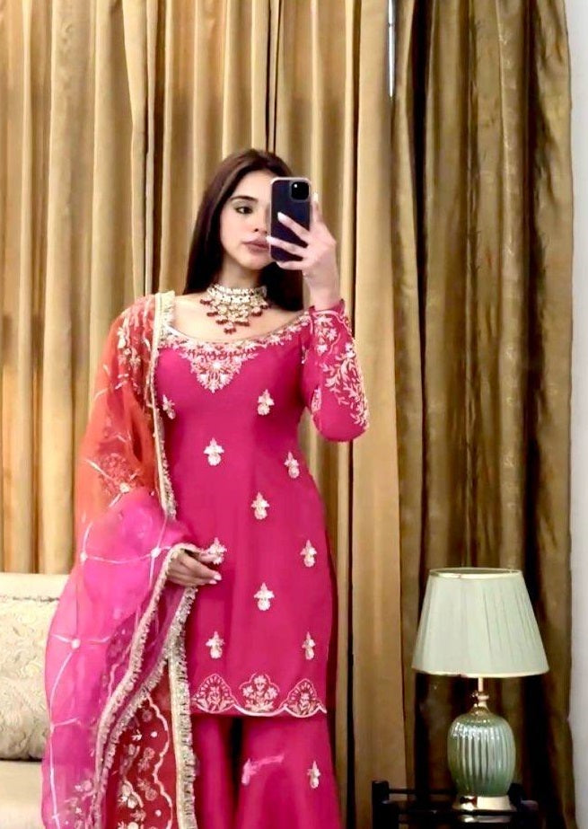Women's Pink Chinon Silk  Embroidery 5Mm Sequences Work  Kurta Set
