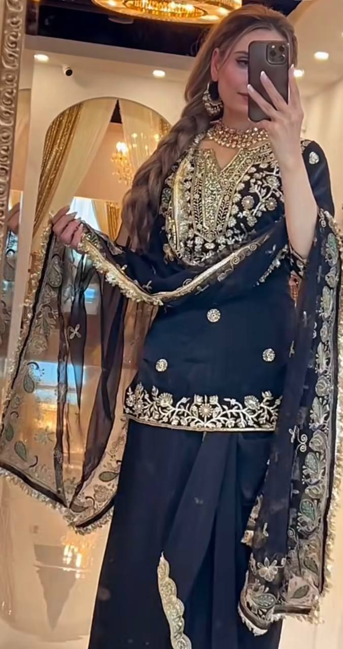 Women's Black Natural Silk  Embroidery 5Mm Sequence Work Kurta Set