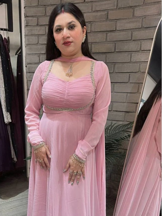 Women's Light Pink Faux Georgette  Embroidery 9Mm Sequences Lace Work  Anarkali Set