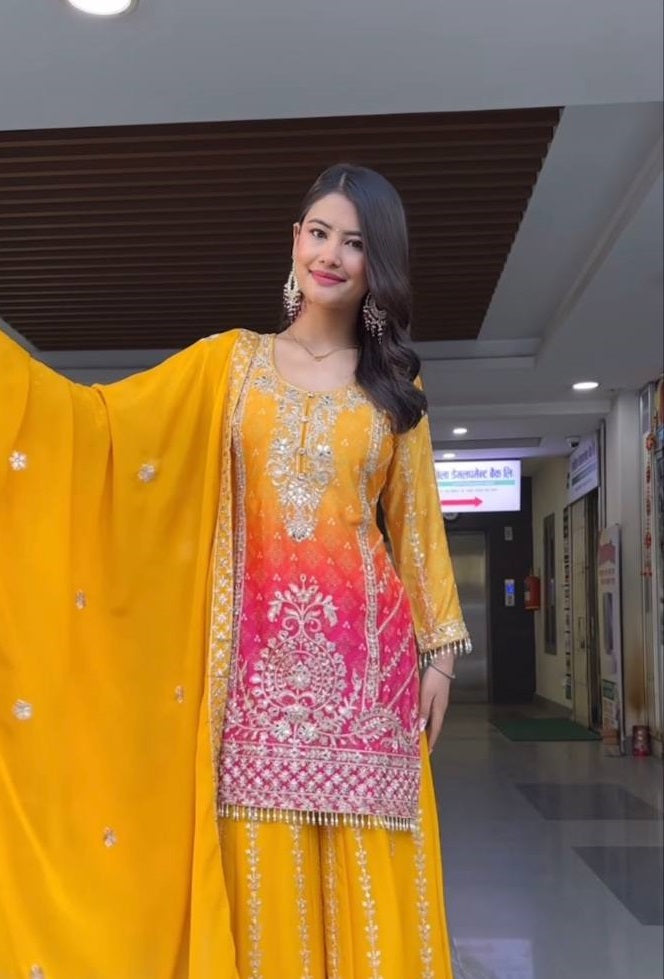 Women's Yellow Chinnon Silk  Embroidery Coding Sequence Work Kurta Set