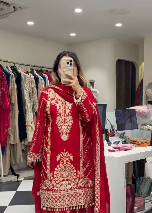 Women's Red Chinnon Silk  Embroidery Coding Sequence Work Kurta Set