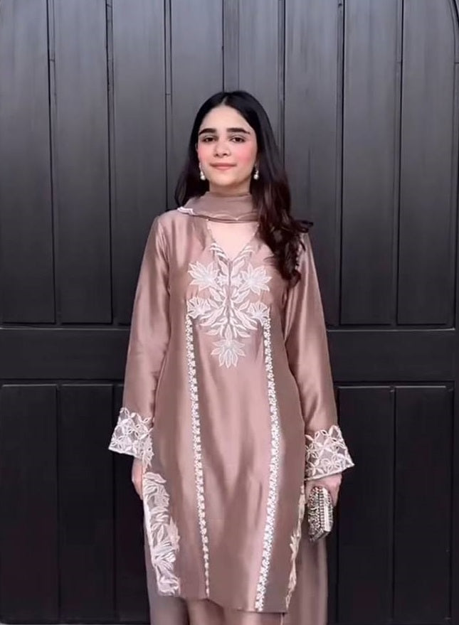Women's Light Pink Crep Silk  Embroidery Coding Sequence Work Kurta Set