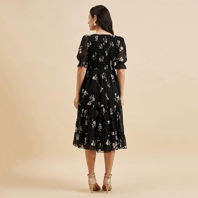 Women's Black Georgette Printed Smocking Dress