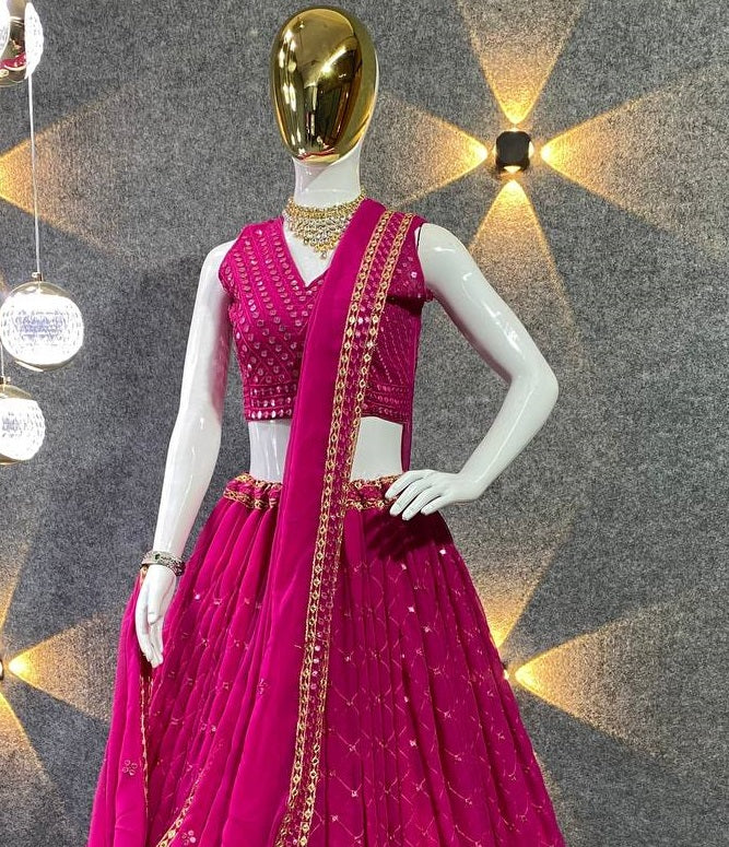 Women's Rani Pink Georgette Sequence 9Mm Work, Coding Work, Embroidery Work, Zari Work Lehenga Set