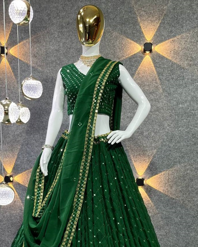 Women's Green Georgette Sequence 9Mm Work, Coding Work, Embroidery Work, Zari Work Lehenga Set