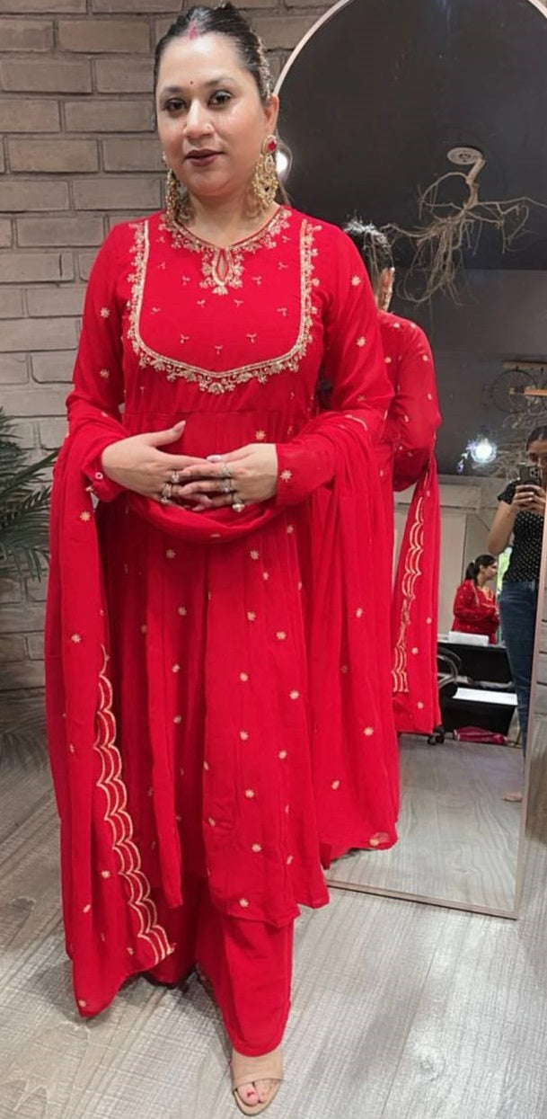 Women's Red Faux Georgette  Embroidery 5Mm Sequins Work  Anarkali Set