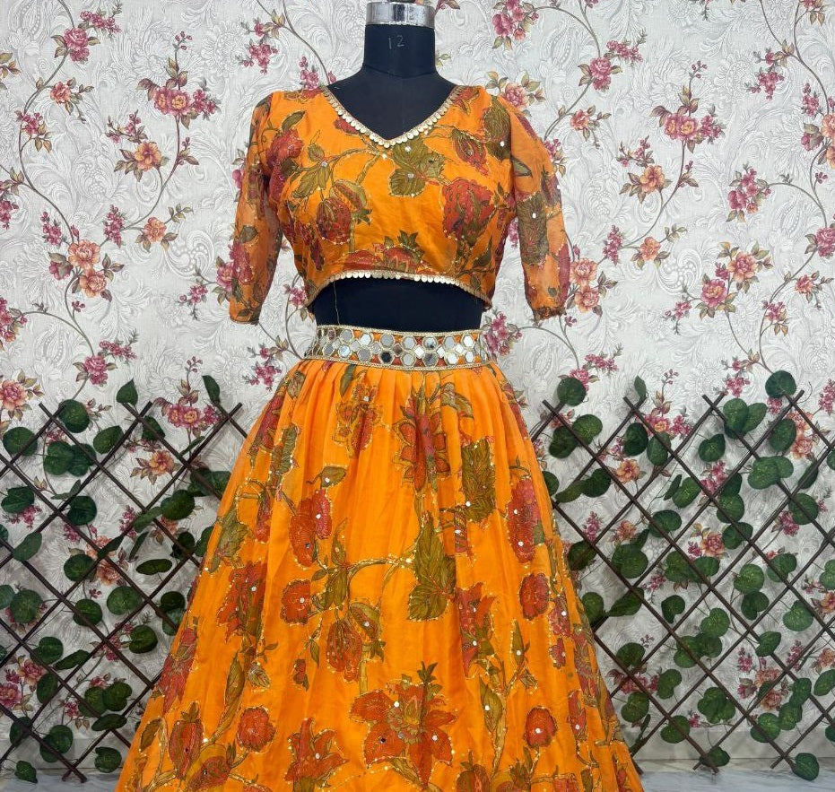 Women's Yellow Taby Silk  Print With Beautiful  Hand Mirror Work With Sequins Work  Lehenga Set