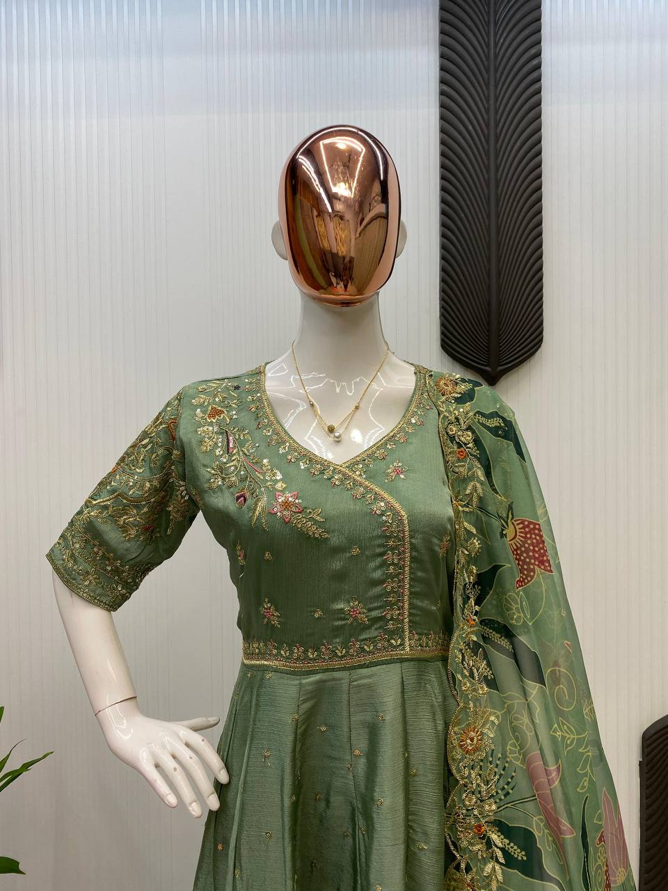 Women's Mint Chinon  Embroidery Work  Gown