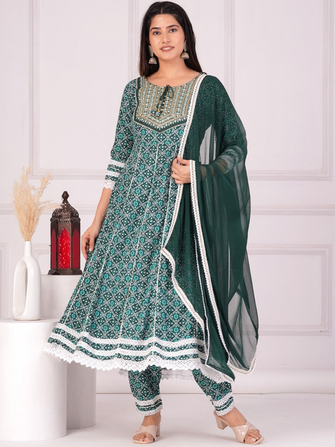 Women's Ethnic Motifs Printed Regular Anarkali Kurta & Palazzos With Dupatta - Taantav