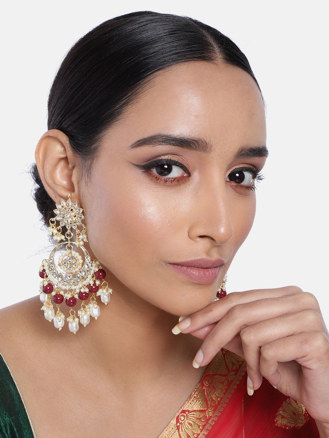 Women's  Gold Plated Maroon  Handcrafted Pearl Kundan Beaded Chandbali Earrings