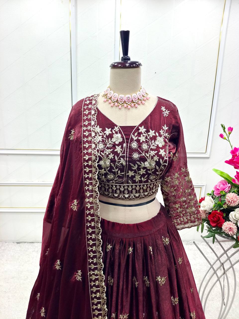 Women's Maroon Fendy Silk Embroidery 3Mm Sequence Work  Lehenga Set