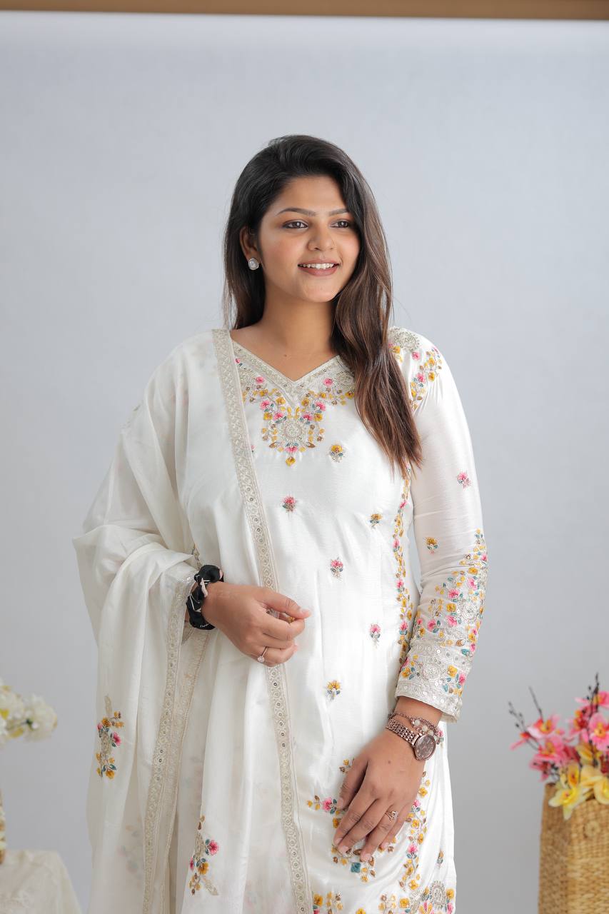 Women's White Chinon Silk  Embroidery 5Mm  Codding Sequence Work Kurta Set