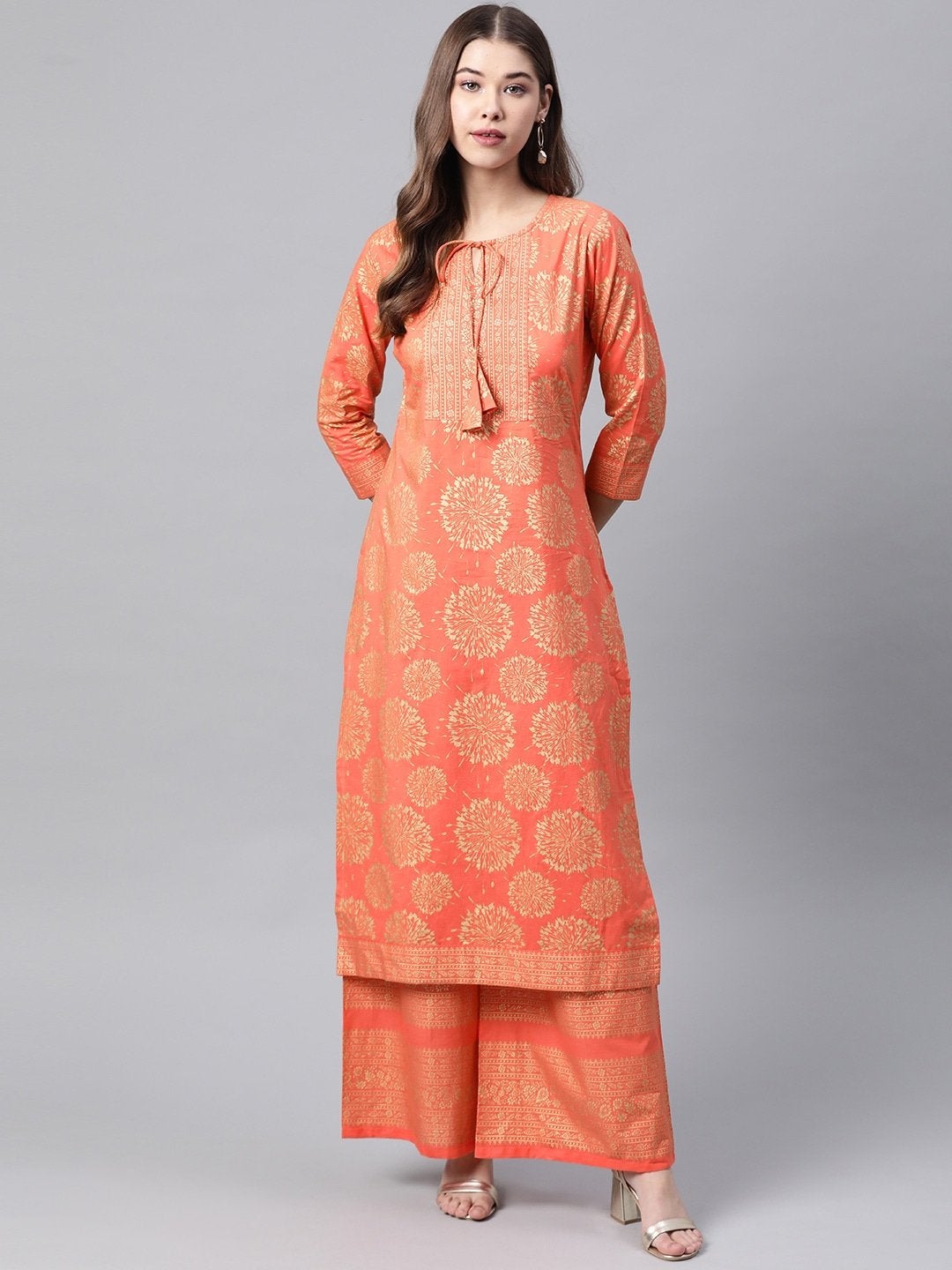 Women's Coral Orange & Golden Printed Pure Cotton Kurta with Palazzos