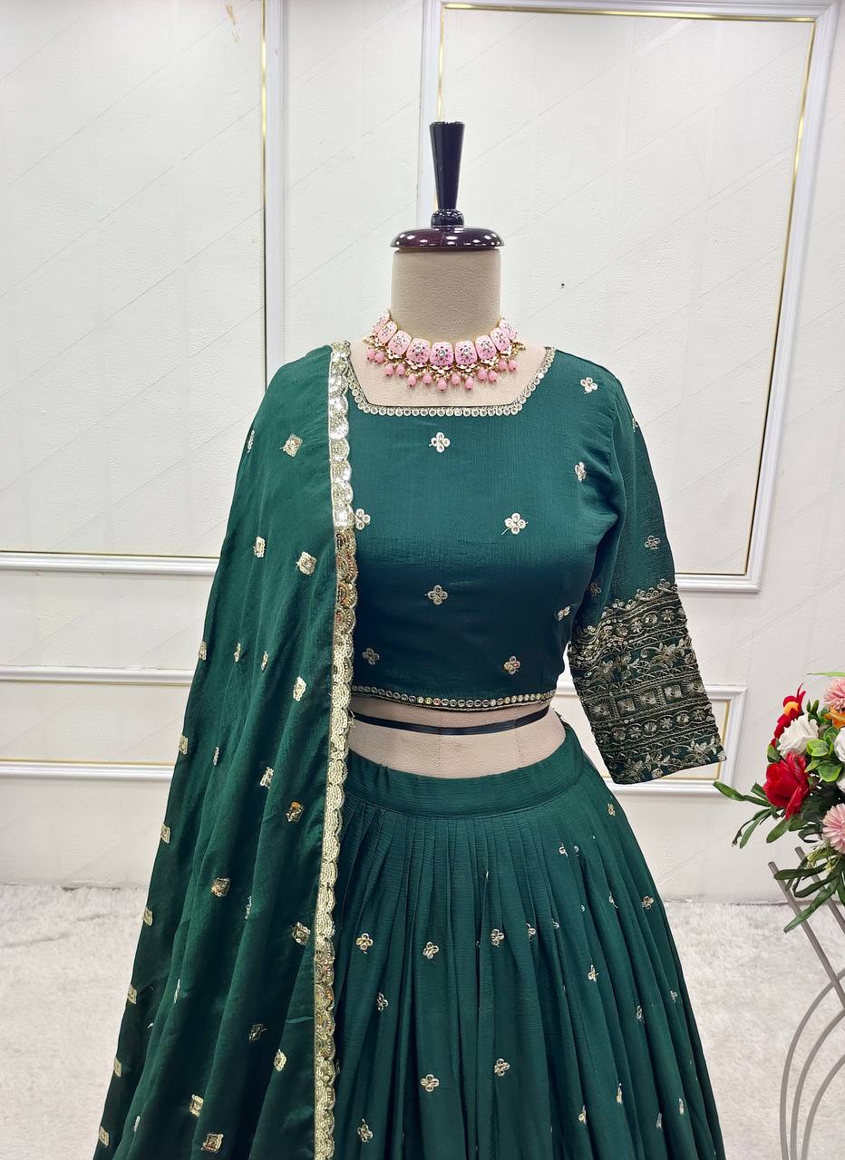 Women's Green Chinon Silk  5Mm Sequence Embroidery Work  Lehenga Set