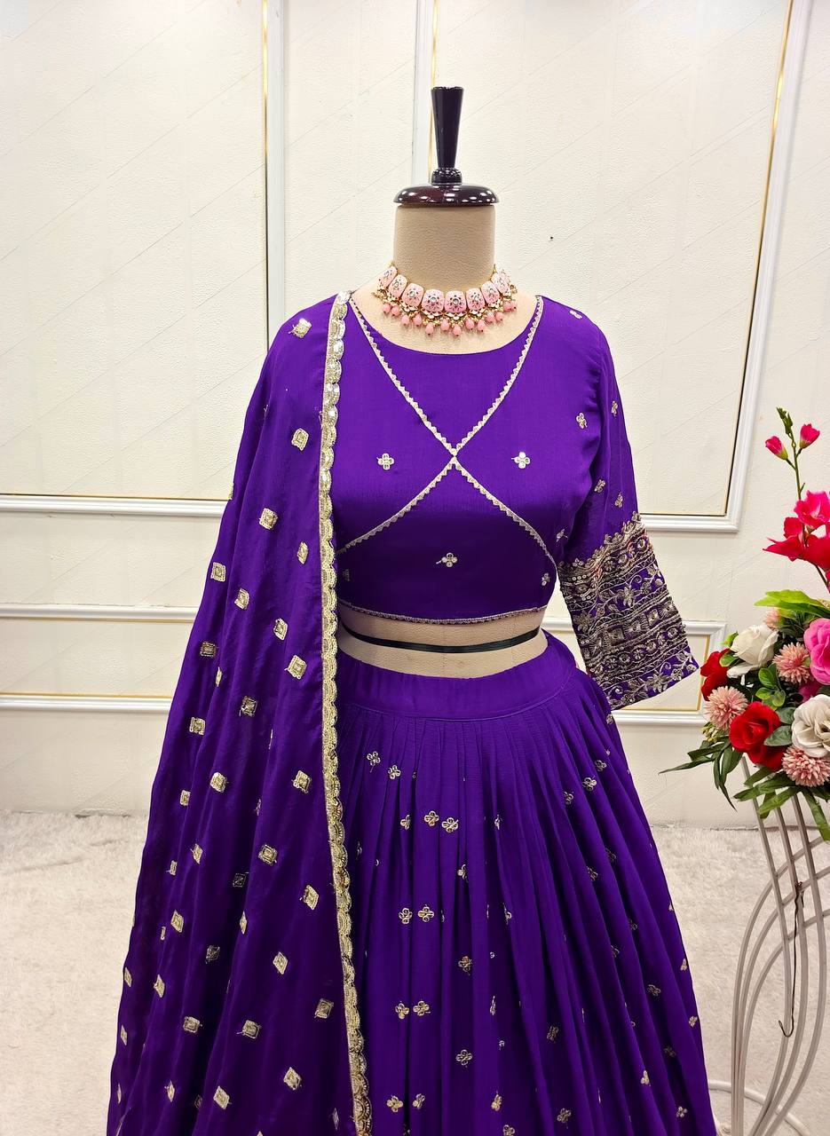 Women's Purple Chinon Silk  5Mm Sequence Embroidery Work  Lehenga Set