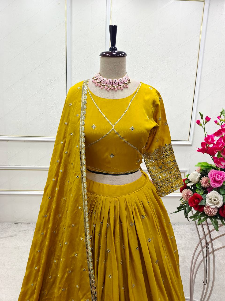 Women's Yellow Chinon Silk  5Mm Sequence Embroidery Work  Lehenga Set