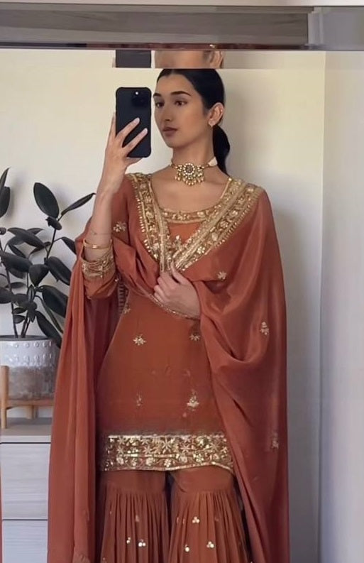 Women's Brown Crep  Embroidery Sequence Work  Kurta Set