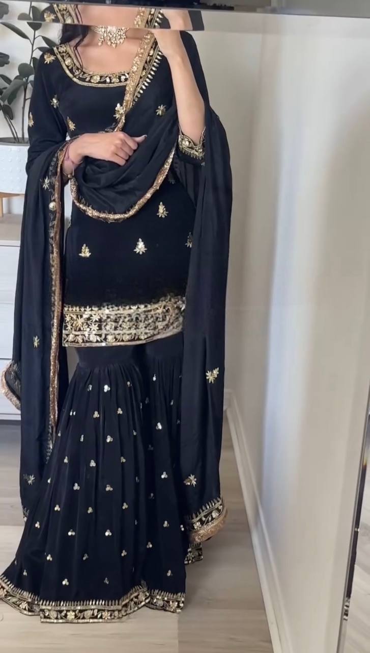 Women's Black Crep  Embroidery Sequence Work  Kurta Set