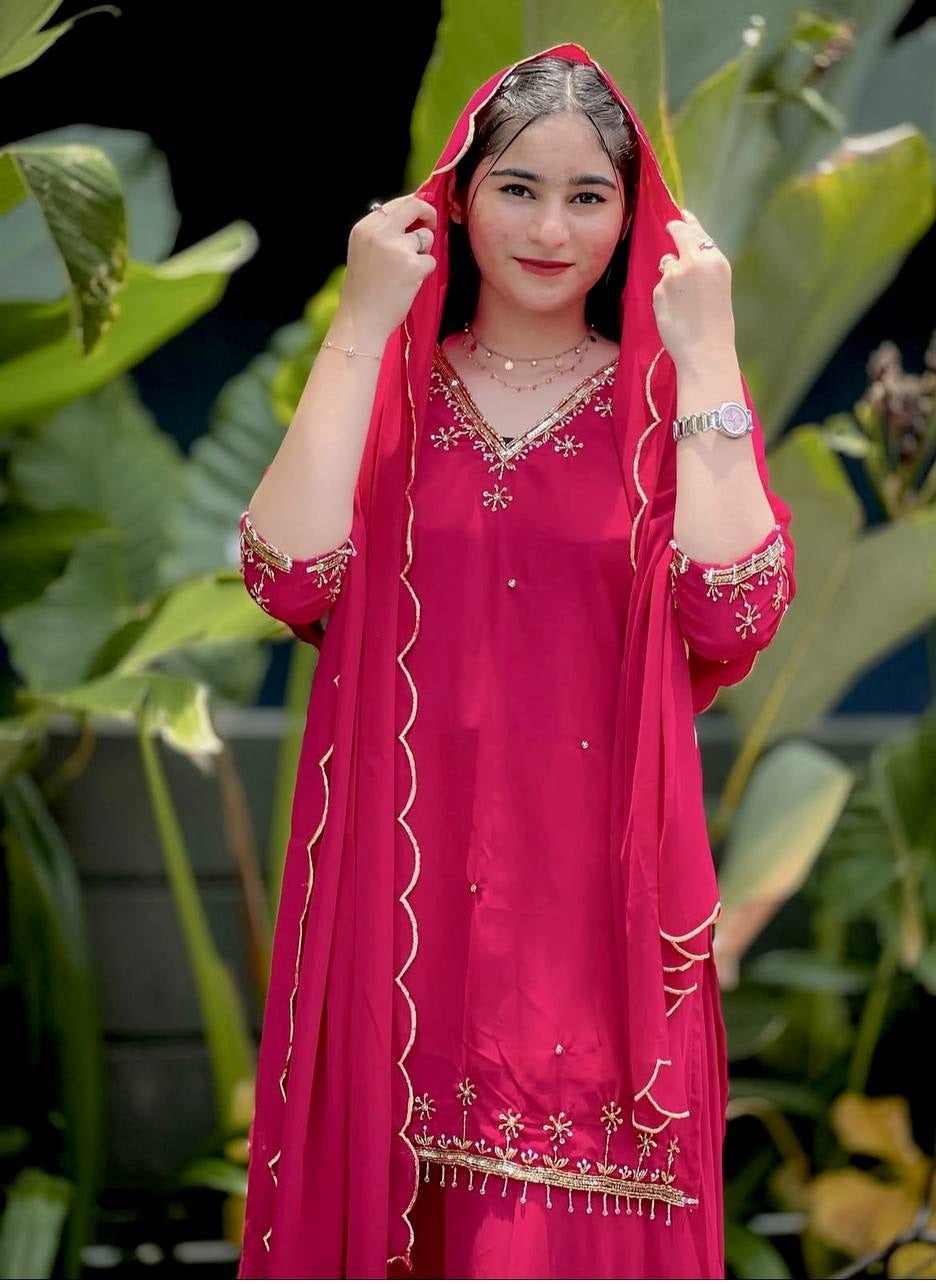 Women's Pink Faux Georgette  Embroidery 5Mm Sequence Work With Full-Sleeves With Fancy Moti Lace Work Kurta Set