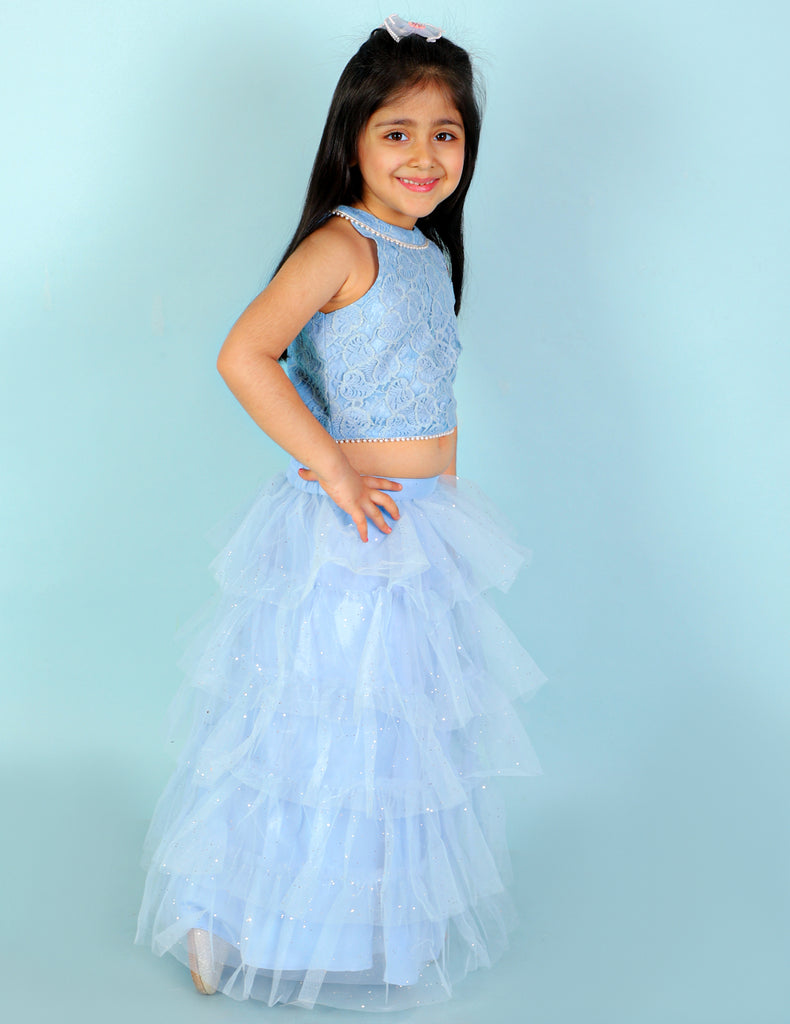 Girl's Lace Top With Pearl Detailing & Mesh Glitter Layered Skirt-Blue
