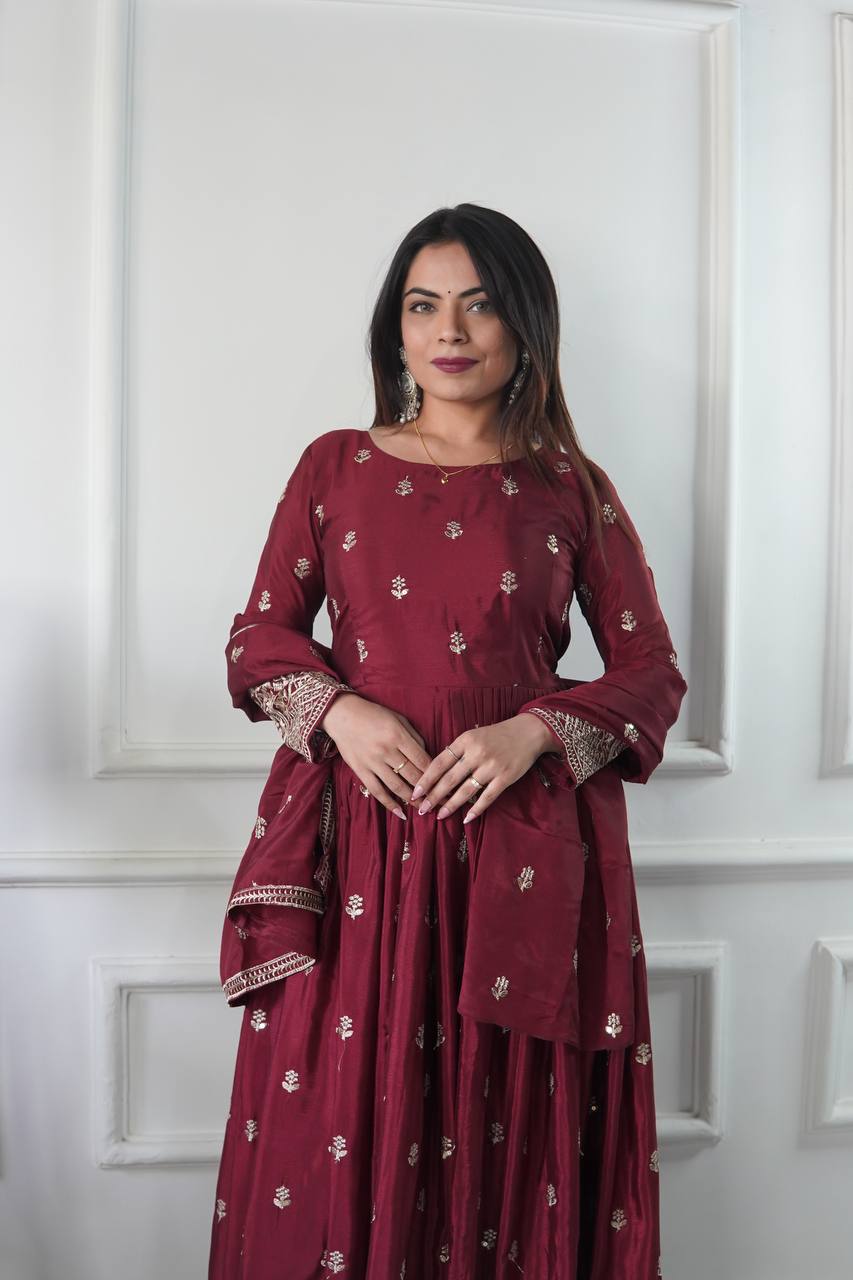 Women's Maroon Chinon Silk  Embroidery 5Mm Sequence Work  Anarkali Set