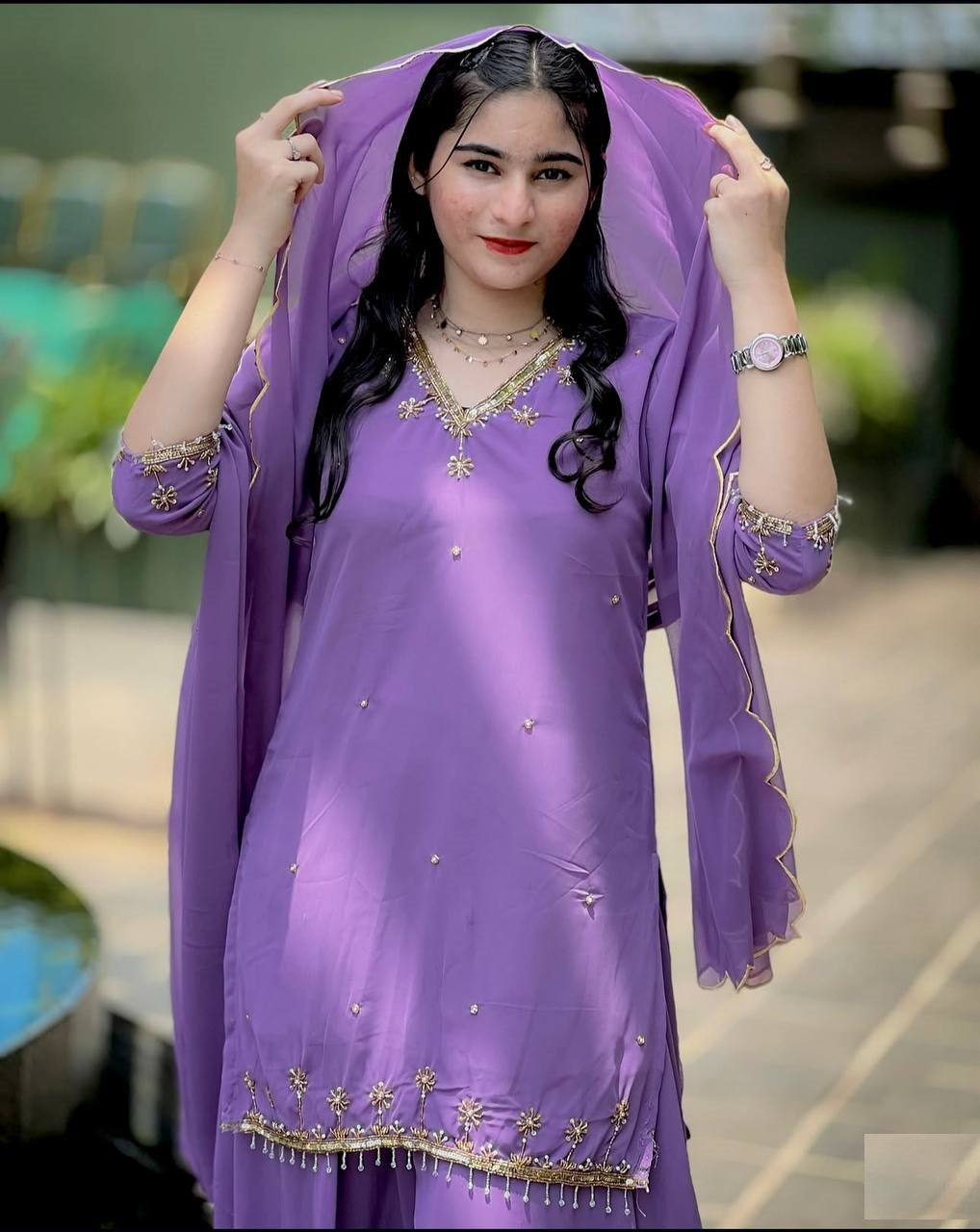 Women's Lavender Faux Georgette  Embroidery 5Mm Sequence Work With Full-Sleeves With Fancy Moti Lace Work Kurta Set