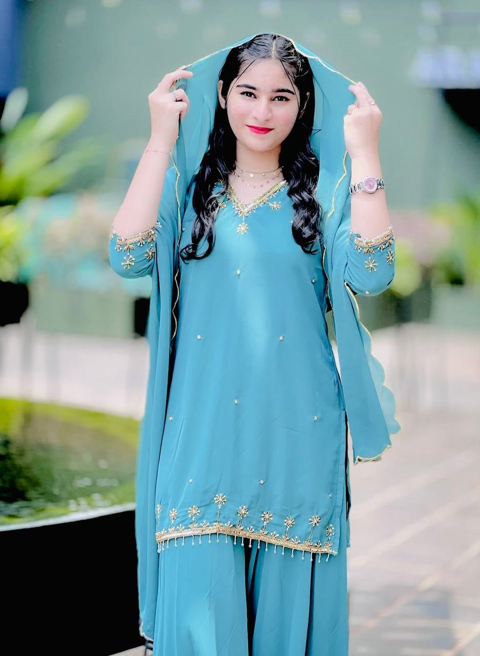 Women's Blue Faux Georgette  Embroidery 5Mm Sequence Work With Full-Sleeves With Fancy Moti Lace Work Kurta Set