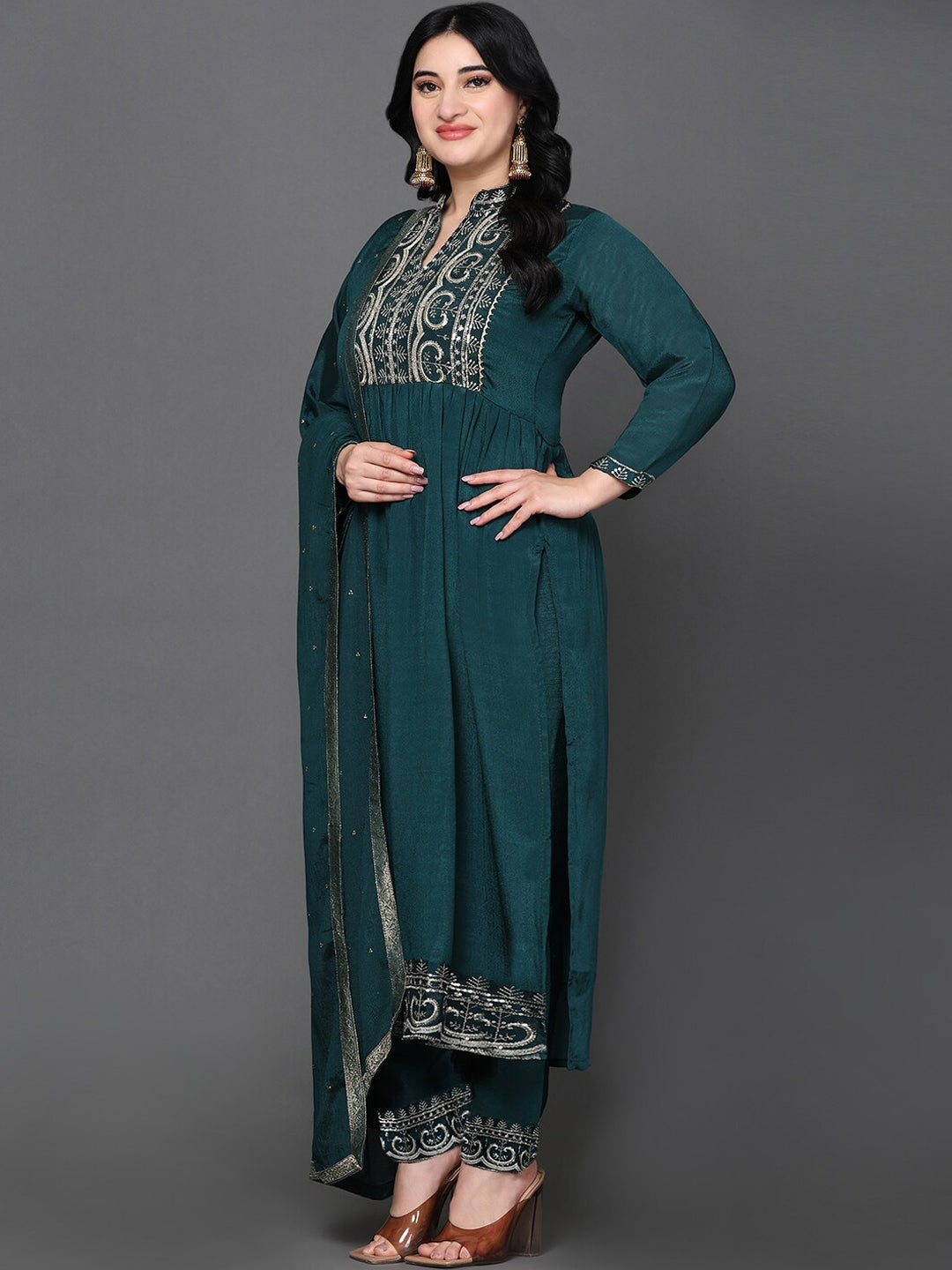 Women's Ethnic Motifs Embroidered Pure Silk Kurta With Trousers & With Dupatta - Noz2Toz USA