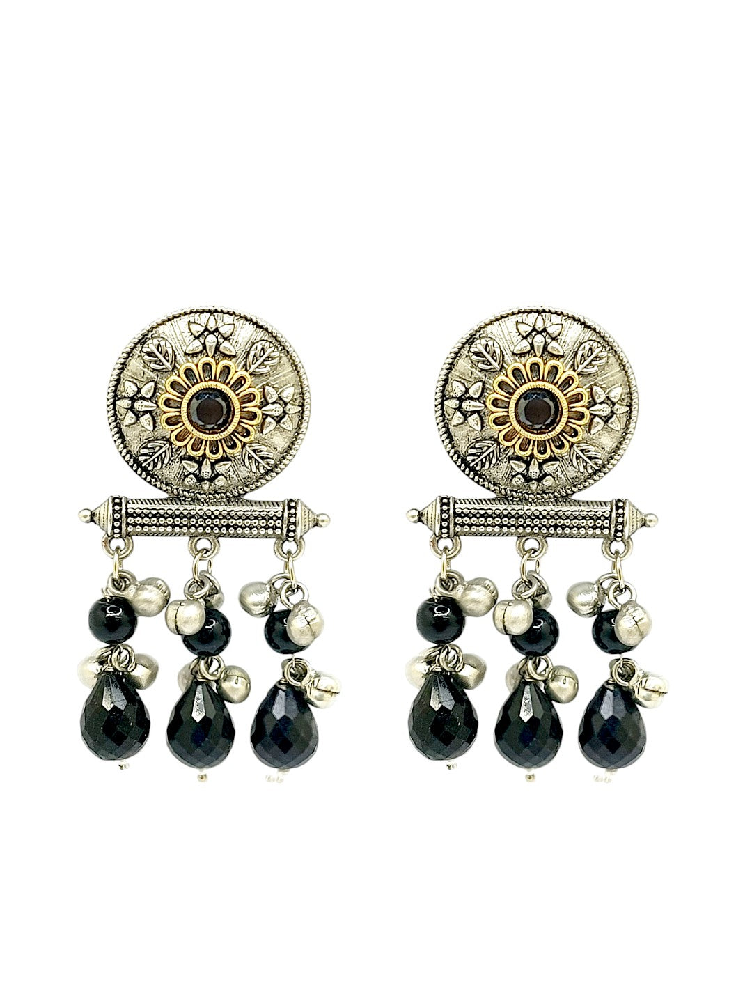 Women's Silver-Plated Black Beaded Contemporary Drop Earrings - 9Blings