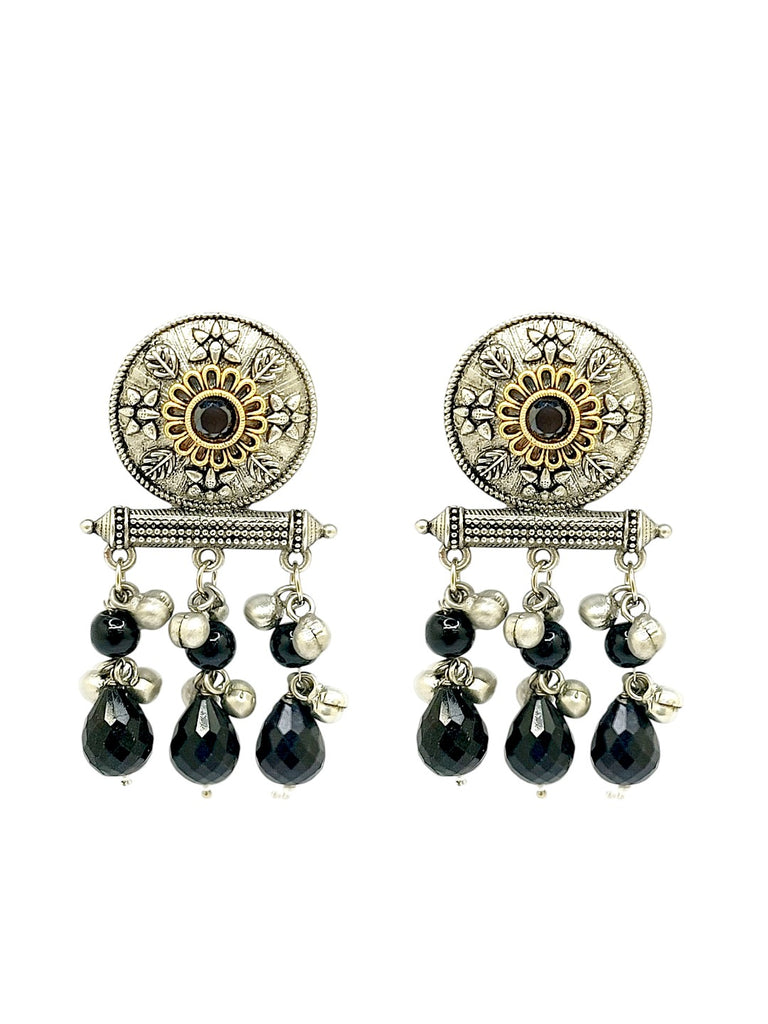 Women's Silver-Plated Black Beaded Contemporary Drop Earrings