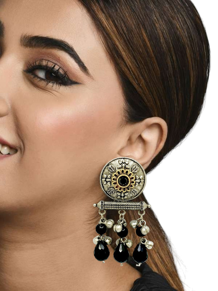 Women's Silver-Plated Black Beaded Contemporary Drop Earrings